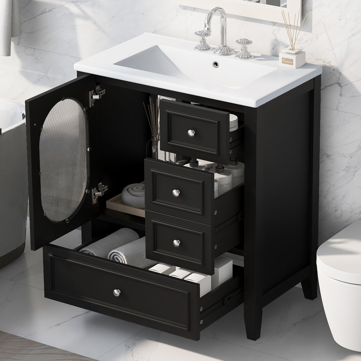 Meuble-lavabo de salle de bain de 76 cm avec lavabo, Meuble de rangement de salle de bain avec trois tiroirs et une porte, Bois massif et MDF, Noir