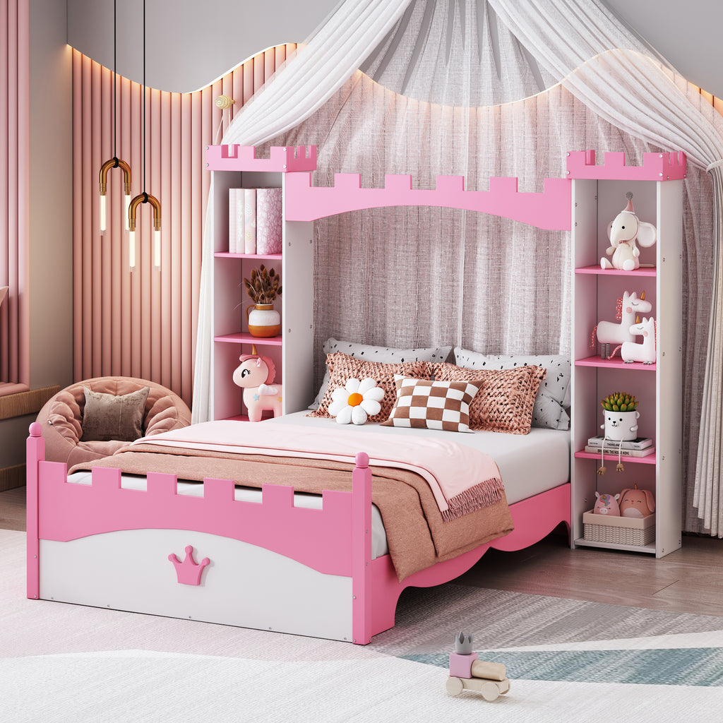 Lit en bois en forme de château avec étagère de rangement, lit plateforme double de rêve pour chambre d'enfant, blanc + rose