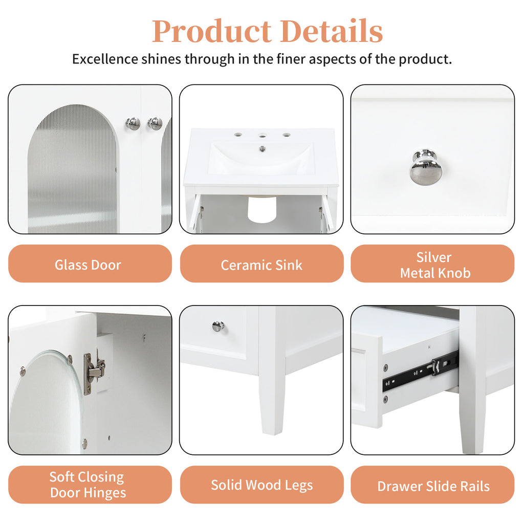 24" Bathroom Vanity with Sink, Bathroom Vanity Cabinet with One Drawer and Doors, Adjustable Shelf, Solid Wood and MDF, White