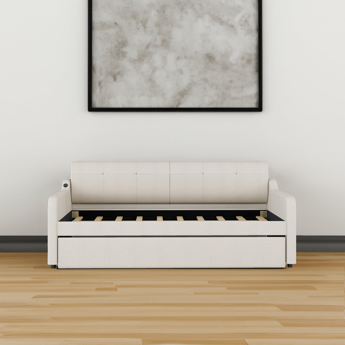 Twin Size Upholstery Daybed with Trundle and USB Charging Design Trundle can be flat or erected Beige