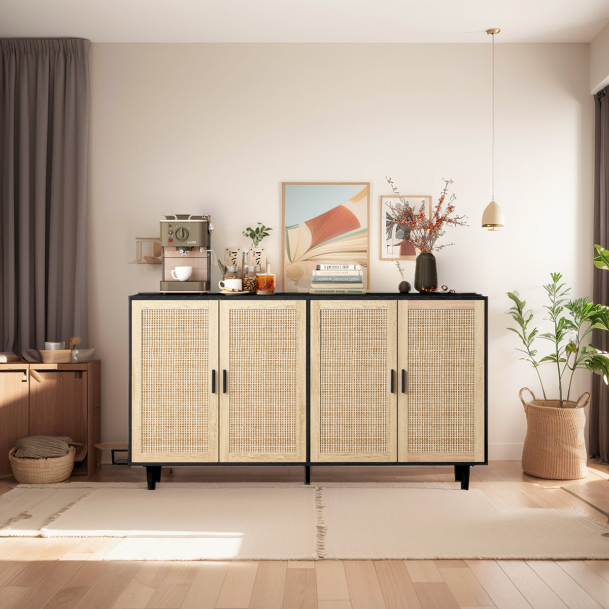 62.20"Elegant and Functional 4-Door Rattan Decorative Storage Cabinet,for Bedroom,Living Room,Office,Easy Assembly,Black