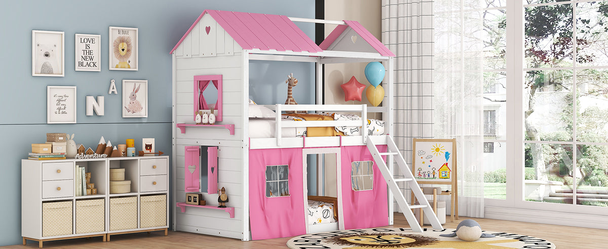 Twin Size Bunk Wood House Bed with Elegant Windows, Sills and Tent, Pink+White