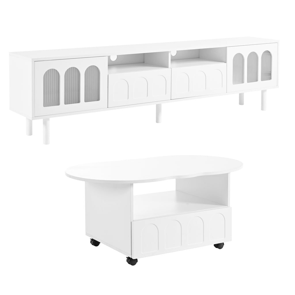 Deux ensembles de meubles TV et tables basses ON-TRANS de style crème, adaptés aux téléviseurs de moins de 80 pouces, blancs