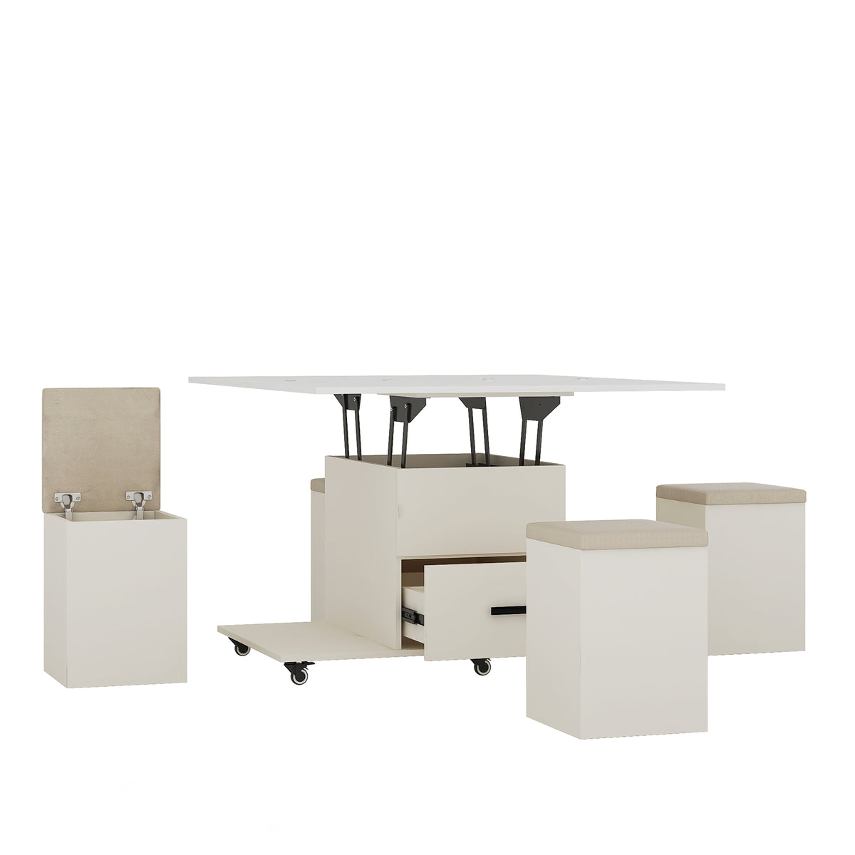 Modern lift coffee table, living room with 4 chairs, expandable 1 hidden storage space+2 drawers, folding dining table