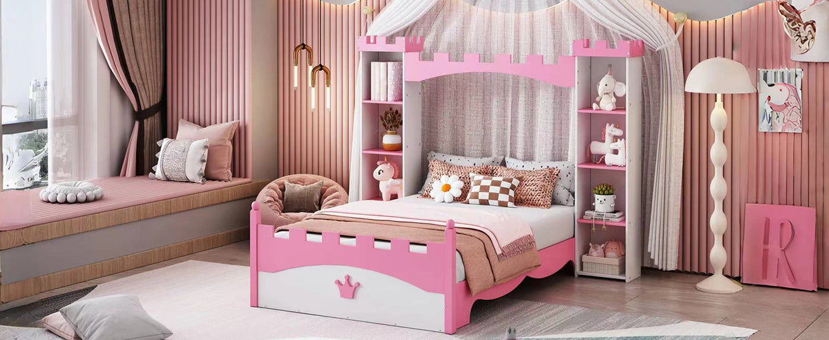 Lit en bois en forme de château avec étagère de rangement, lit plateforme double de rêve pour chambre d'enfant, blanc + rose