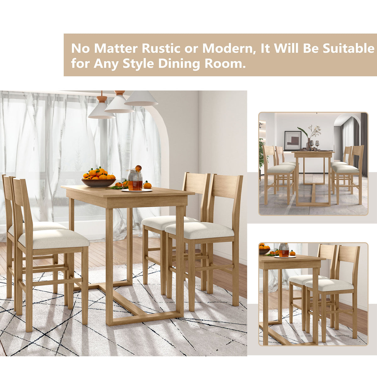 TOPMAX farmhouse countertop height 5-piece dining table set with 1 rectangular dining table and 4 brown dining chairs