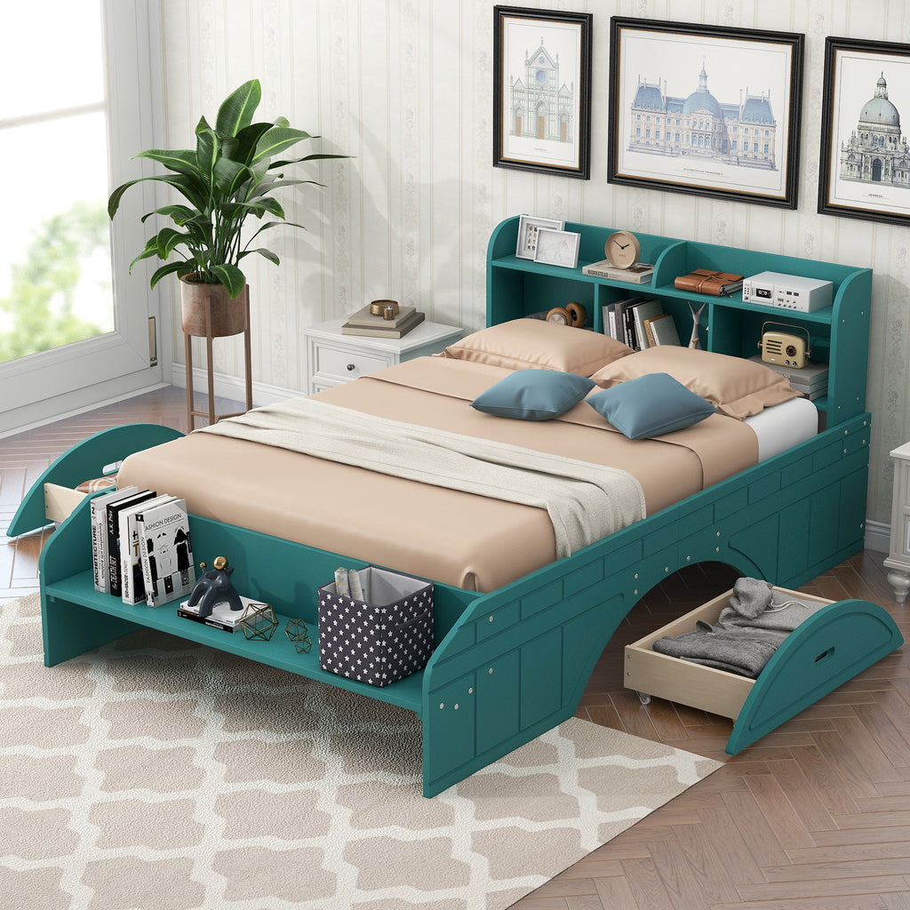 Lit plateforme double en bois avec 2 tiroirs, tête de lit et pied de lit de rangement, vert foncé