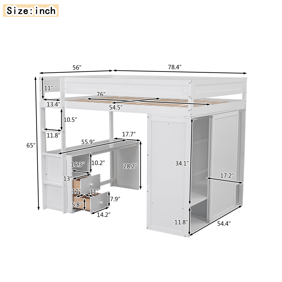 Wood Full Size Loft Bed with Wardrobes and 2-Drawer Desk with Cabinet, White