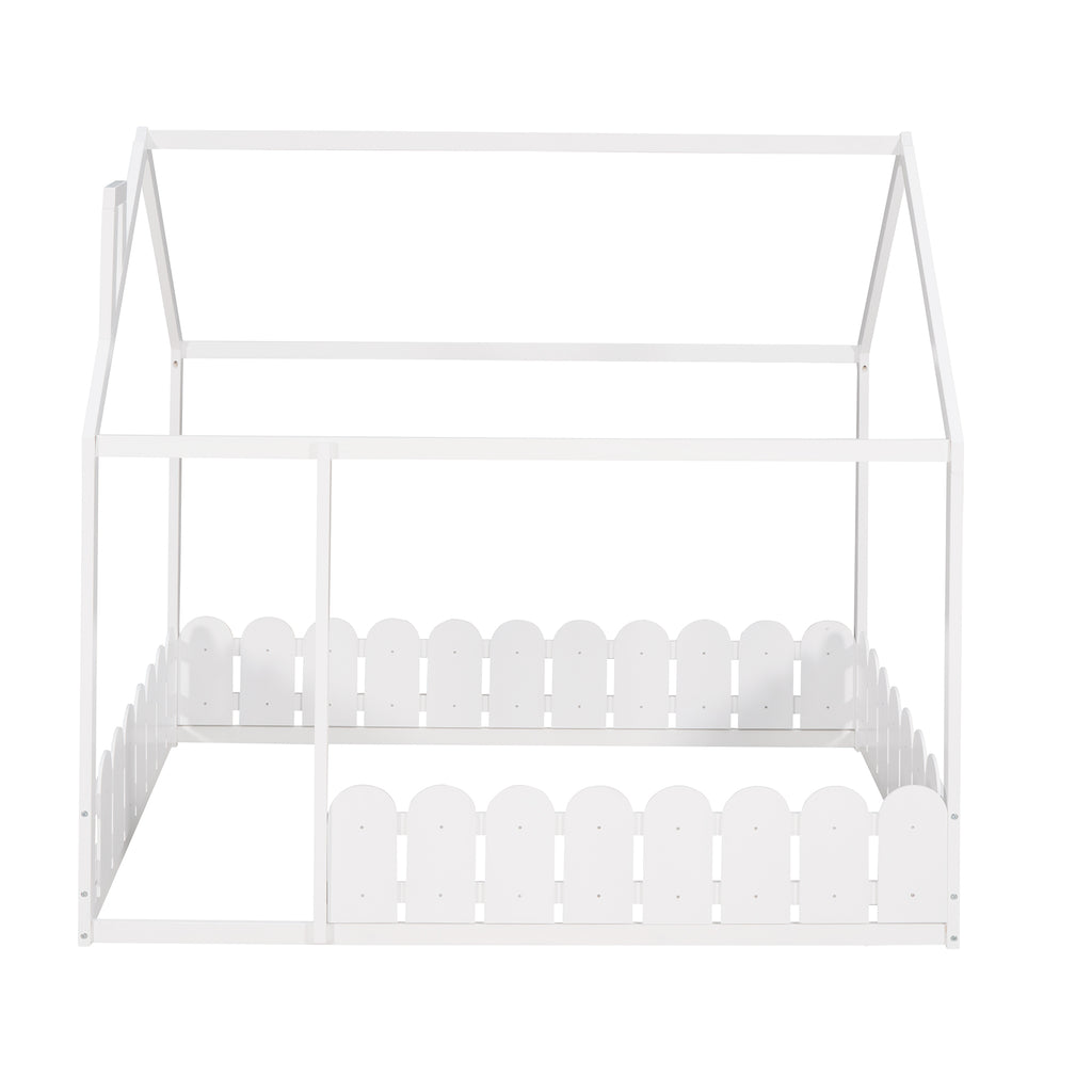 (Slats are not included) Full Size Wood Bed House Bed Frame with Fence for Kids Teens Girls Boys (White )