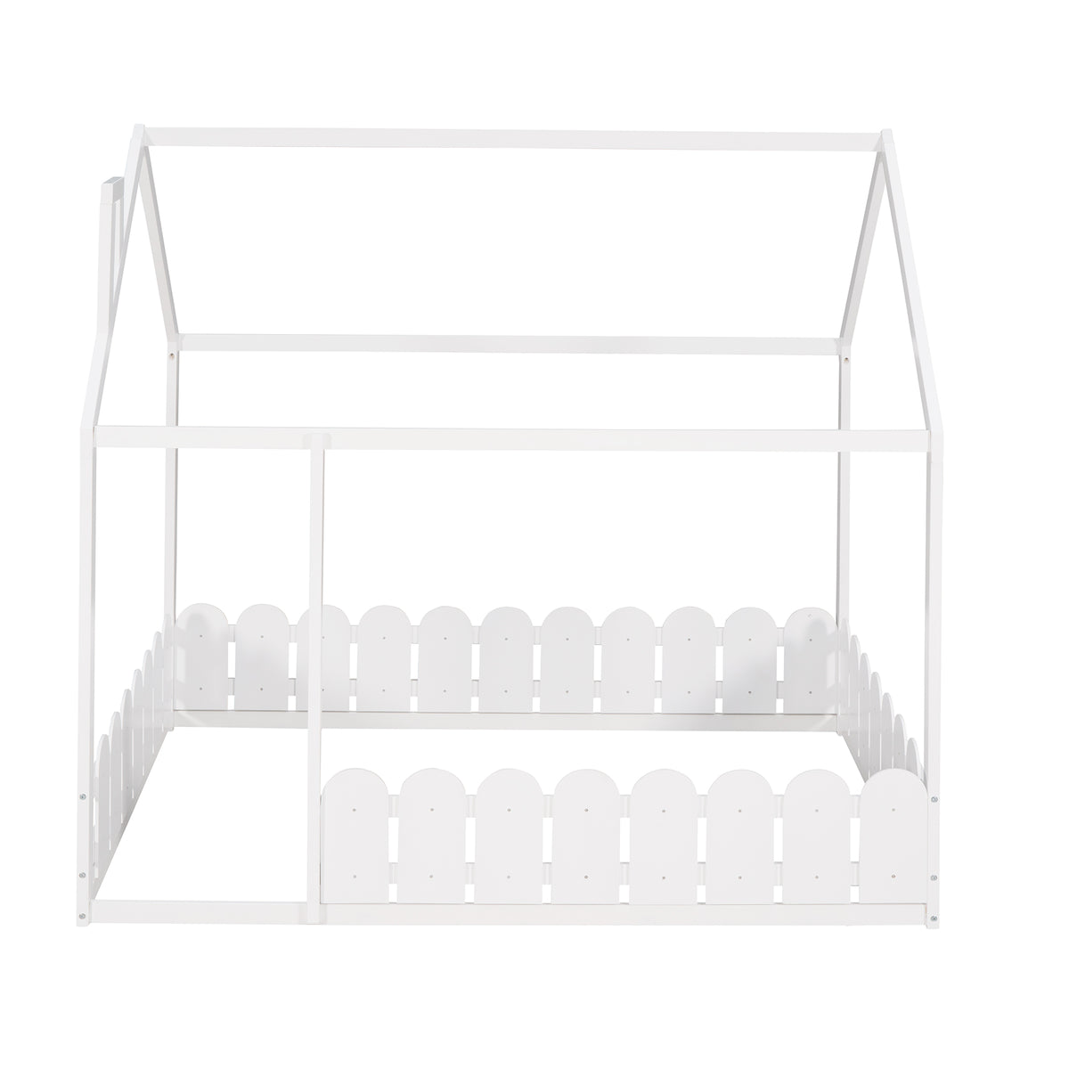 (Slats are not included) Full Size Wood Bed House Bed Frame with Fence for Kids Teens Girls Boys (White )