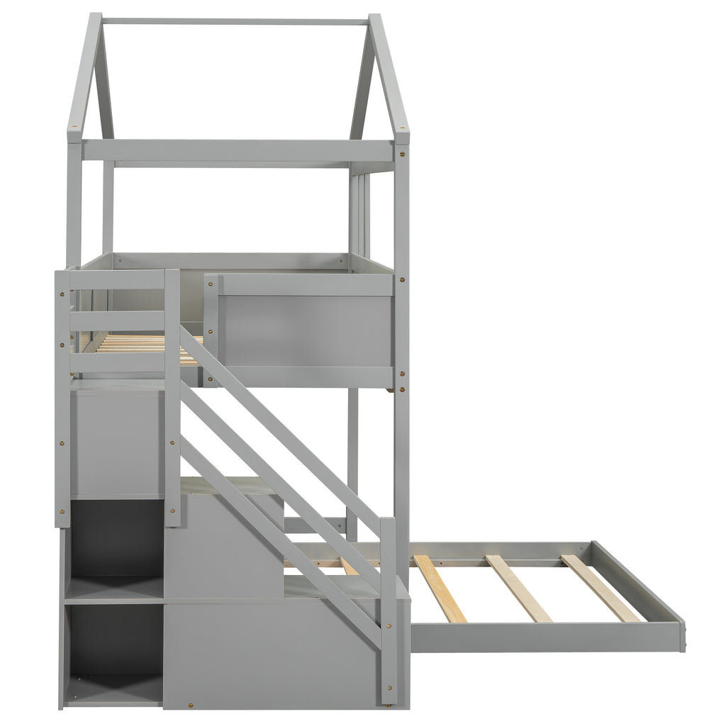 Twin over Full House Bunk Bed with Storage Staircase and Blackboard Gray