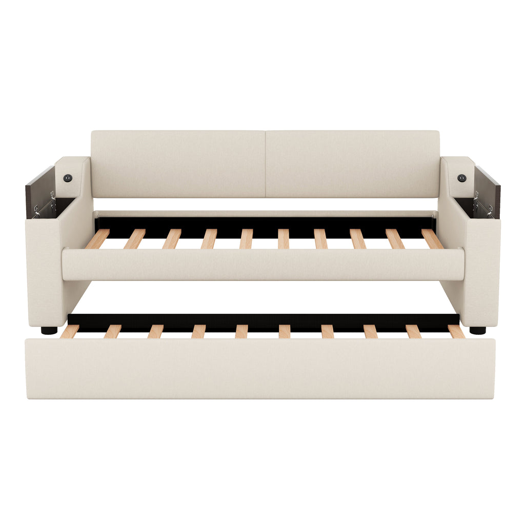 Twin Size Upholstery Daybed with Storage Arms  Trundle and USB Design Beige