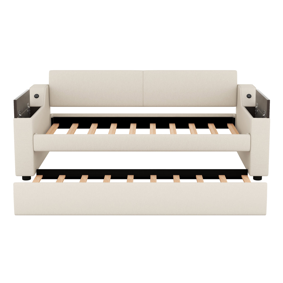 Twin Size Upholstery Daybed with Storage Arms  Trundle and USB Design Beige