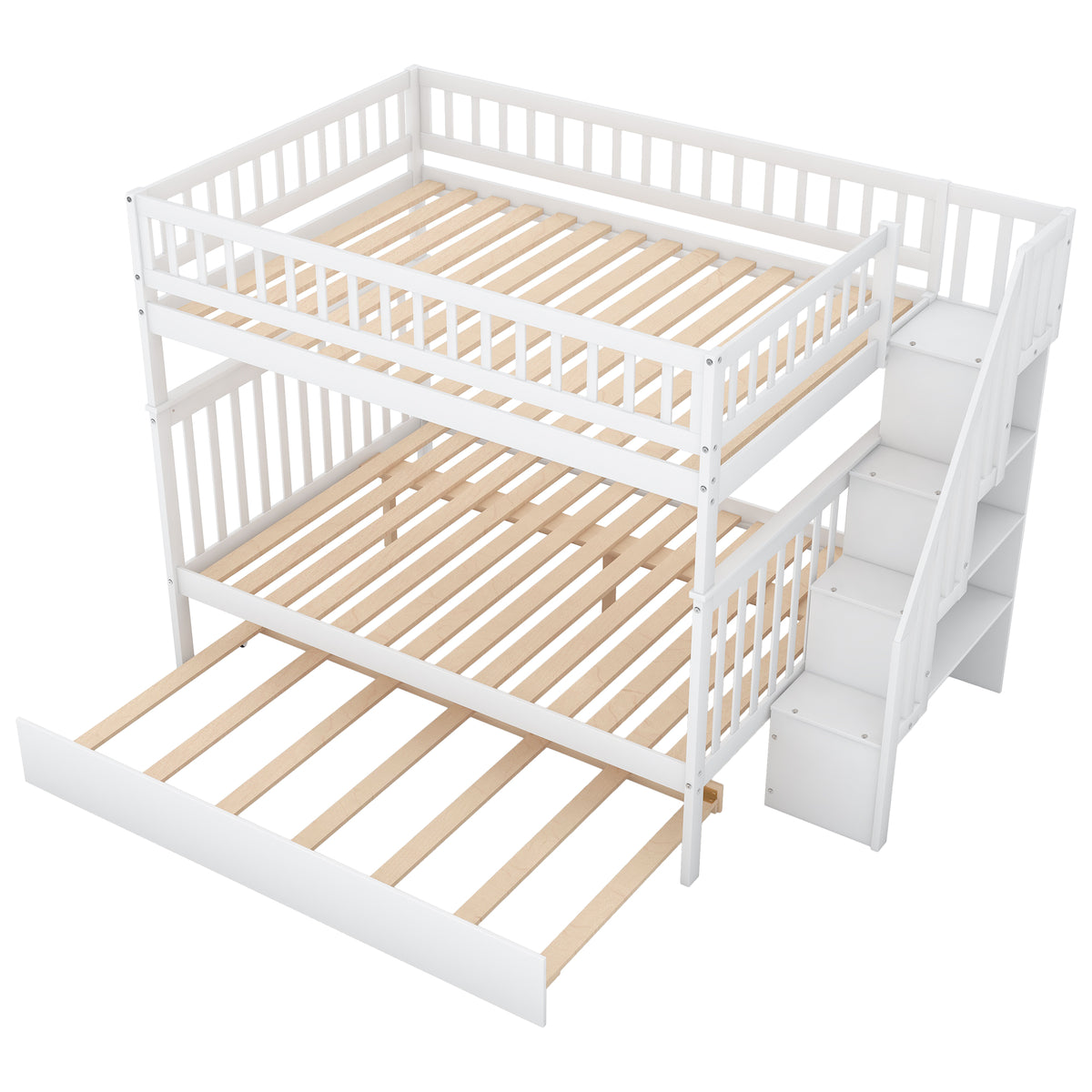 Full over Full Bunk Bed with Trundle and Staircase White