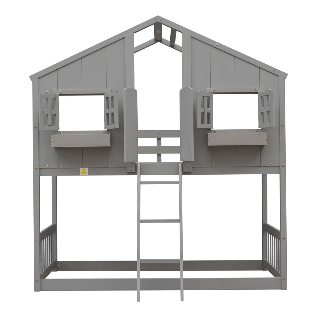 Twin over Twin House Bunk Bed with Roof , Window, Window Box, Door , with Safety Guardrails and Ladder, Grey