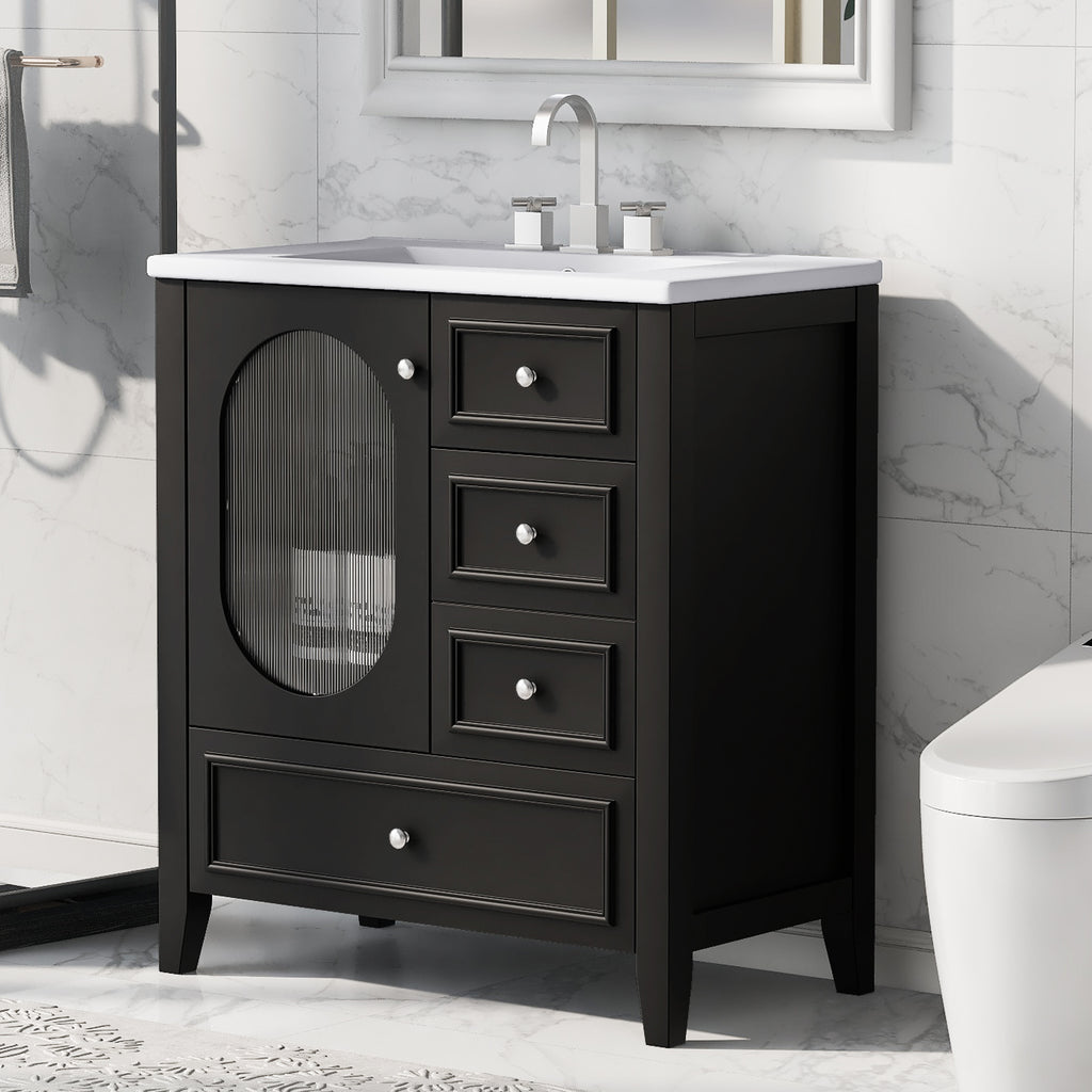 Meuble-lavabo de salle de bain de 76 cm avec lavabo, Meuble de rangement de salle de bain avec trois tiroirs et une porte, Bois massif et MDF, Noir