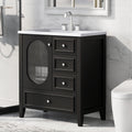 Meuble-lavabo de salle de bain de 76 cm avec lavabo, Meuble de rangement de salle de bain avec trois tiroirs et une porte, Bois massif et MDF, Noir