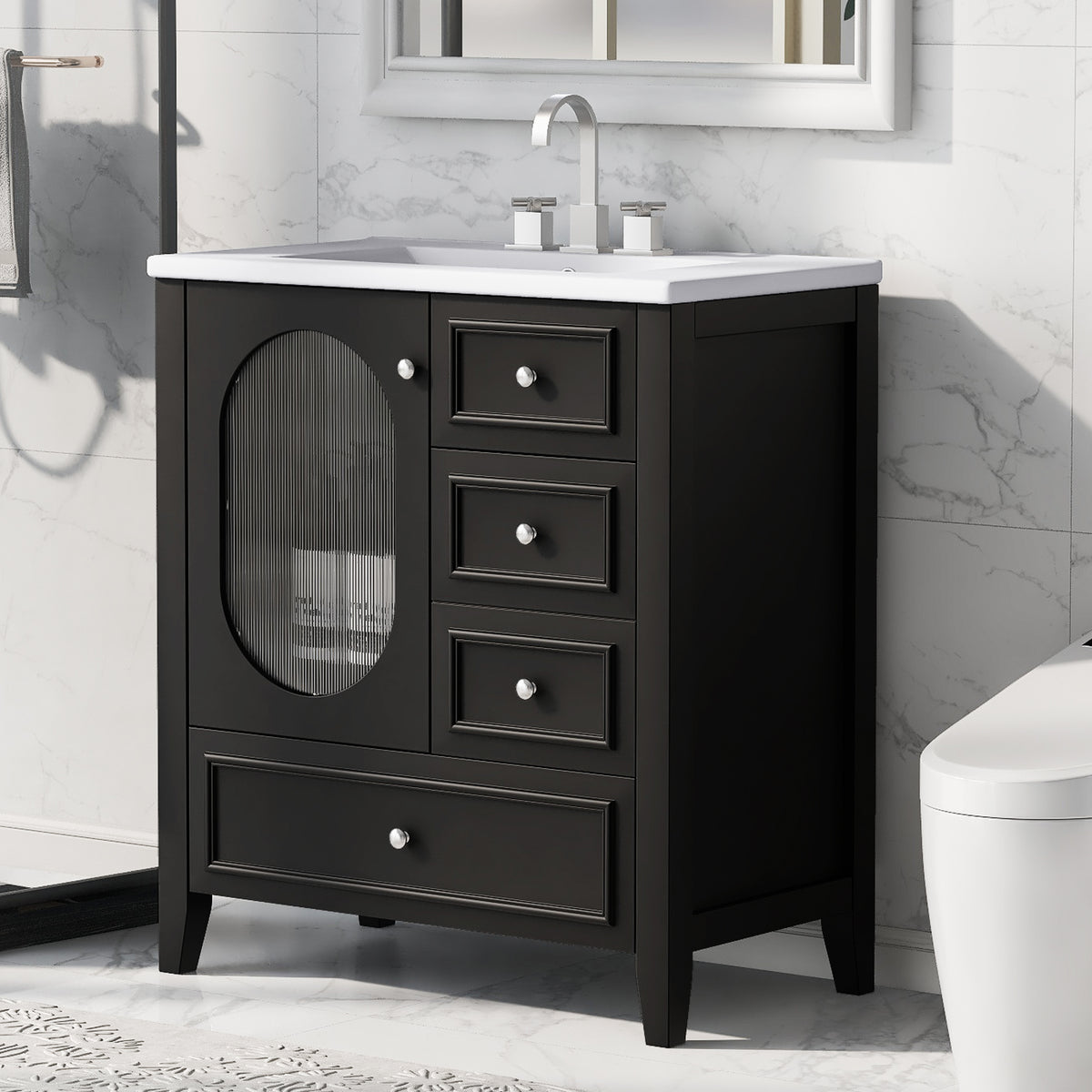 30" Bathroom Vanity with Sink, Bathroom Vanity Cabinet with Three Drawers and Door, Solid Wood and MDF, Black