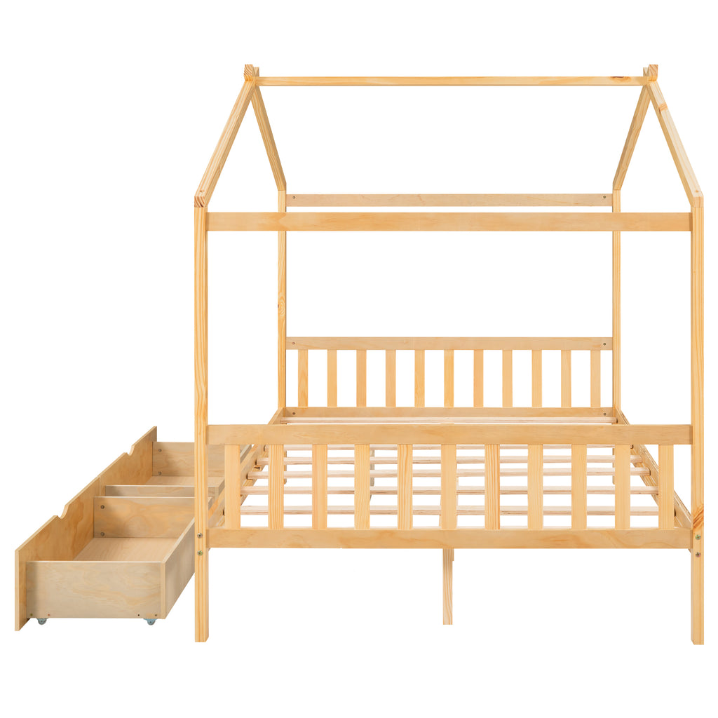 Full Size House Platform Bed with Two Drawers,Headboard and Footboard Roof Design Natural