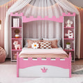 Lit en bois en forme de château avec étagère de rangement, lit plateforme double de rêve pour chambre d'enfant, blanc + rose