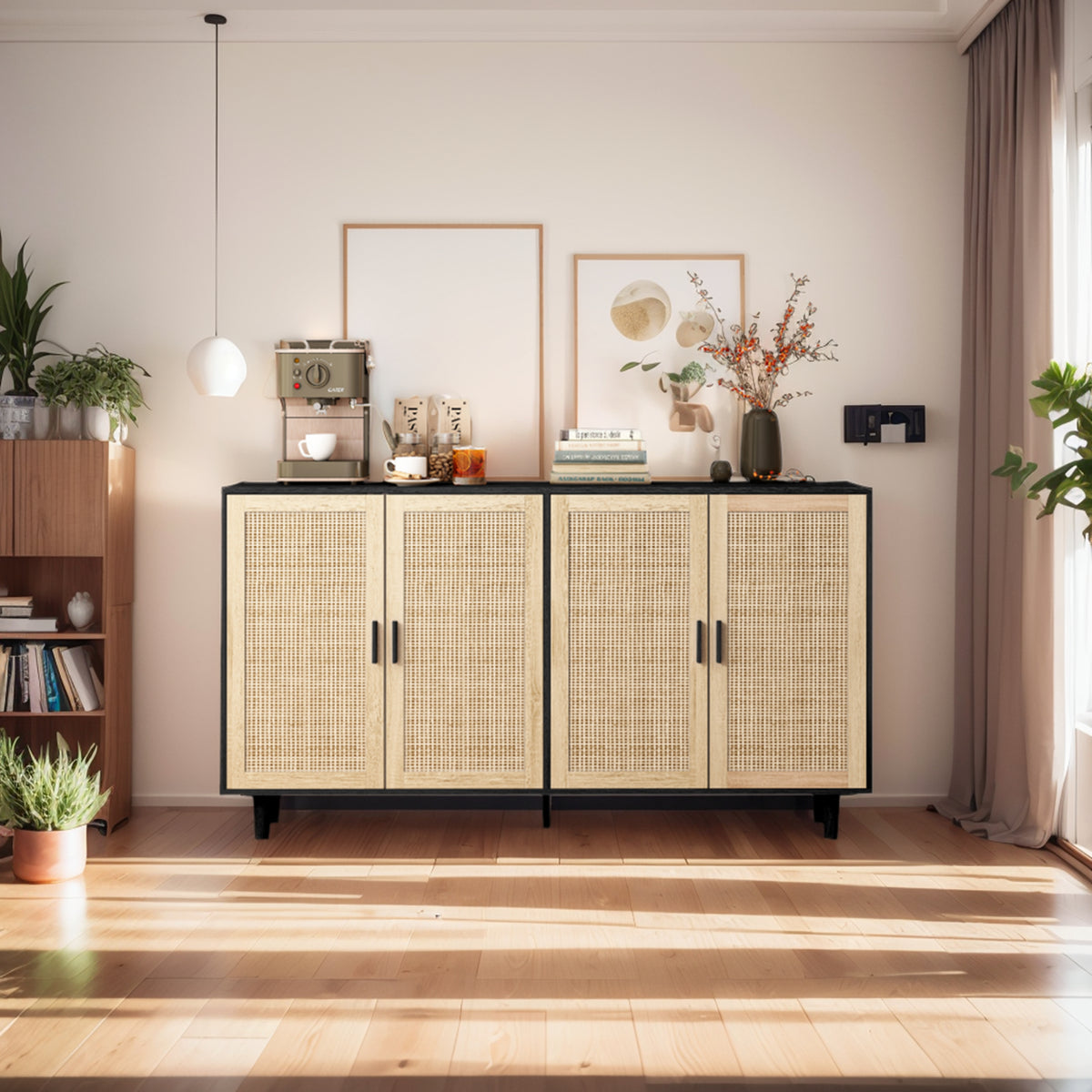 62.20"Elegant and Functional 4-Door Rattan Decorative Storage Cabinet,for Bedroom,Living Room,Office,Easy Assembly,Black