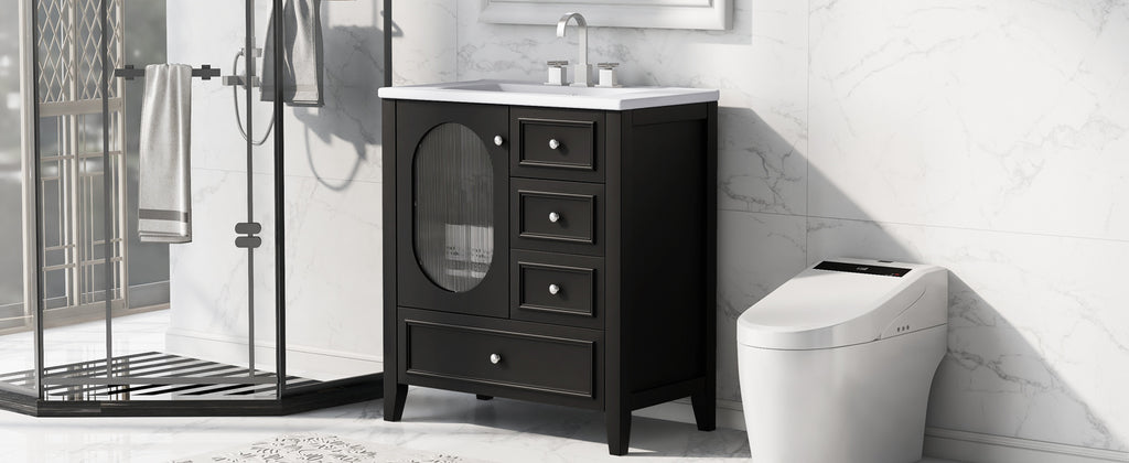 Meuble-lavabo de salle de bain de 76 cm avec lavabo, Meuble de rangement de salle de bain avec trois tiroirs et une porte, Bois massif et MDF, Noir