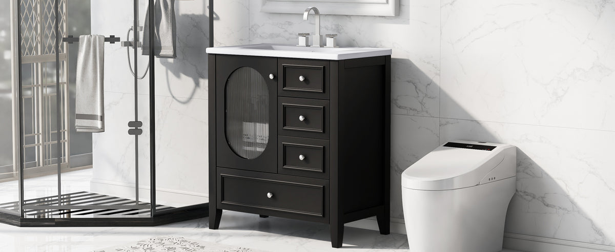 Meuble-lavabo de salle de bain de 76 cm avec lavabo, Meuble de rangement de salle de bain avec trois tiroirs et une porte, Bois massif et MDF, Noir