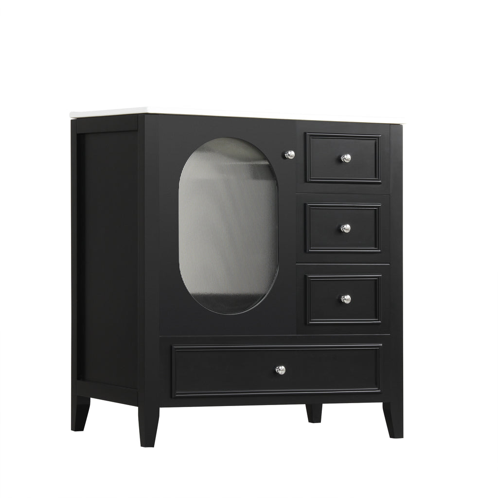 Meuble-lavabo de salle de bain de 76 cm avec lavabo, Meuble de rangement de salle de bain avec trois tiroirs et une porte, Bois massif et MDF, Noir