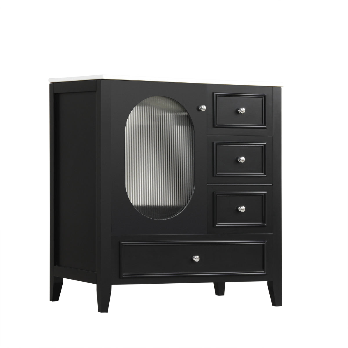 Meuble-lavabo de salle de bain de 76 cm avec lavabo, Meuble de rangement de salle de bain avec trois tiroirs et une porte, Bois massif et MDF, Noir