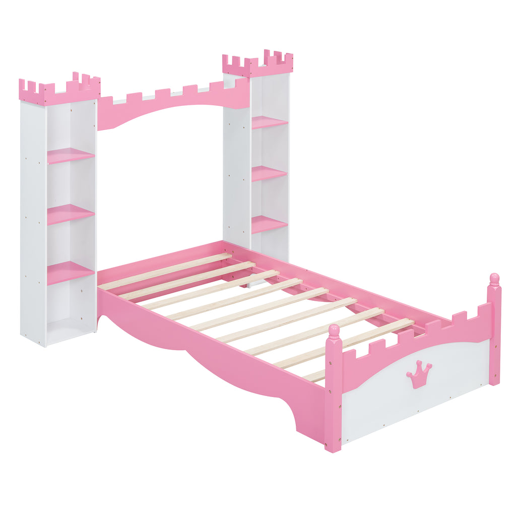 Lit en bois en forme de château avec étagère de rangement, lit plateforme double de rêve pour chambre d'enfant, blanc + rose