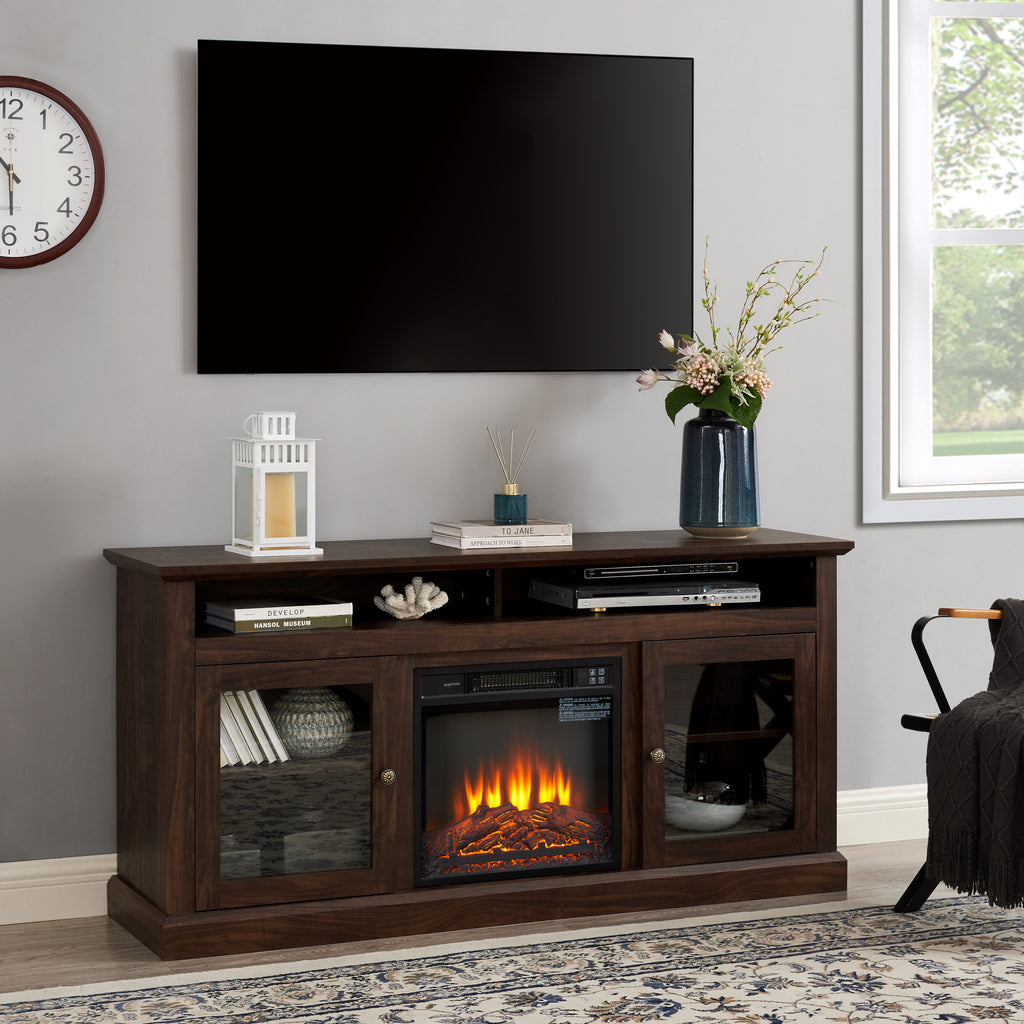 Meuble TV contemporain, console de divertissement moderne avec insert de cheminée électrique de 45,7 cm pour téléviseur jusqu'à 65 pouces avec rangement ouvert