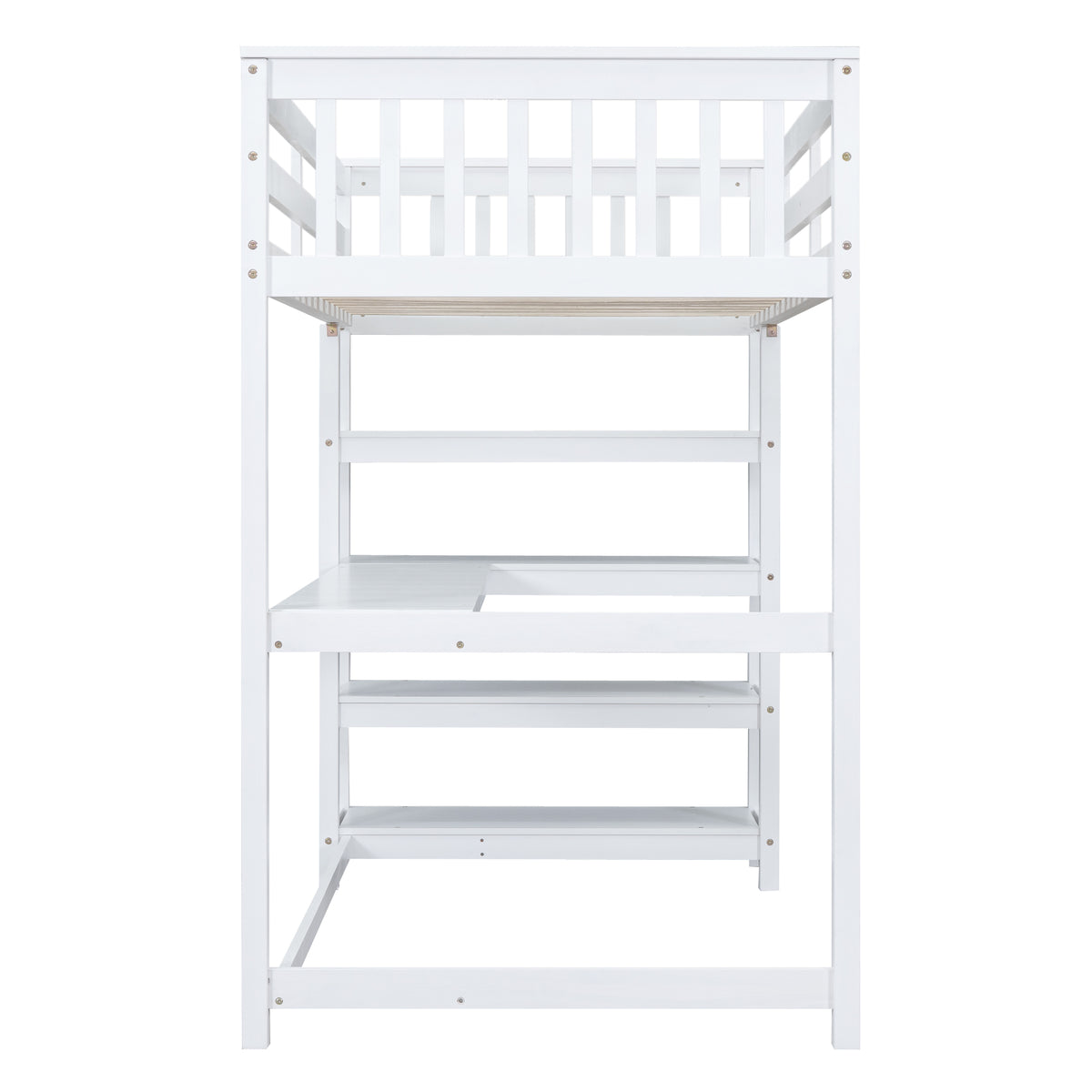 Twin Size Loft Bed with Storage Shelves and Under-bed Desk  White