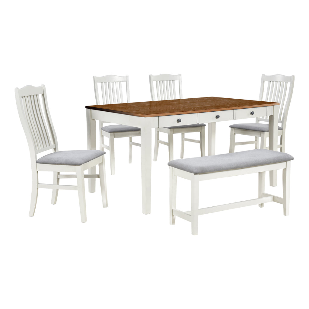 TOPMAX Mid-Century 6-Piece Wood Dining Table Set, Kitchen Table Set with Drawer  Upholstered Chairs and Bench  Butter Milk
