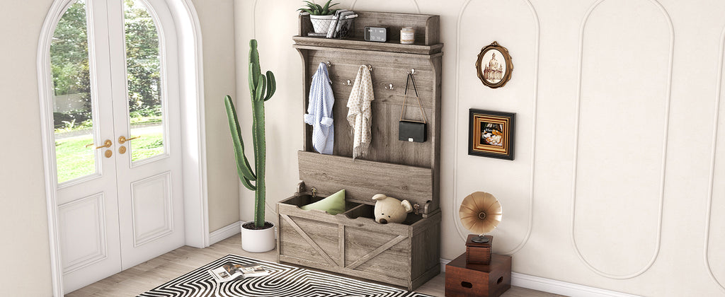 Hall tree with storage desk, entrance desk with drawers and 5 hooks, display rack,Oak