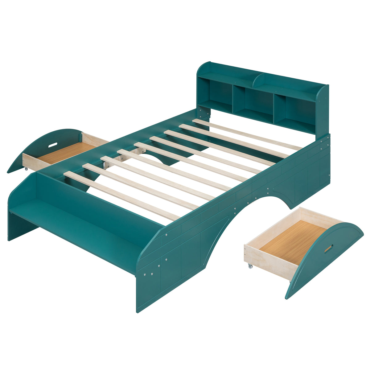 Lit plateforme double en bois avec 2 tiroirs, tête de lit et pied de lit de rangement, vert foncé